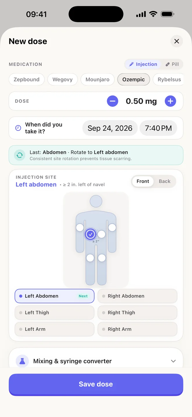 Embera new dose screen with a body map suggesting the left abdomen as the next injection site