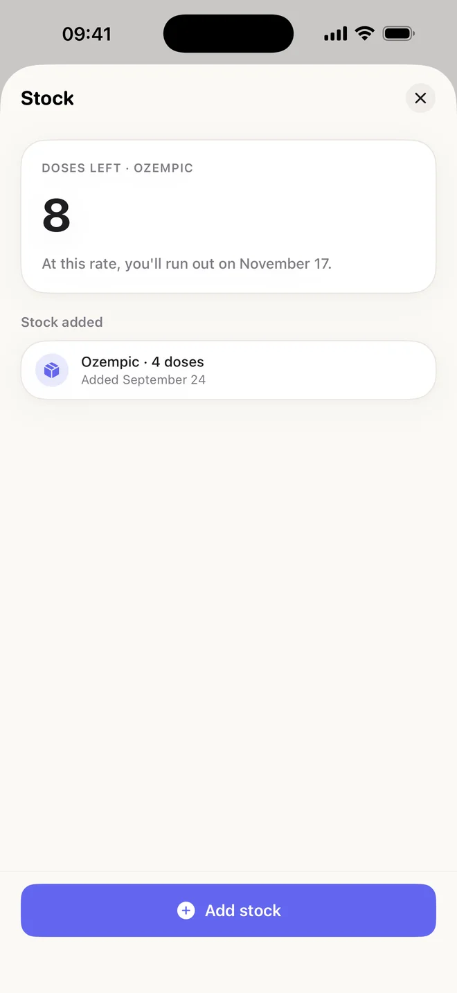 Embera stock screen showing 8 doses left and a run-out date of November 17